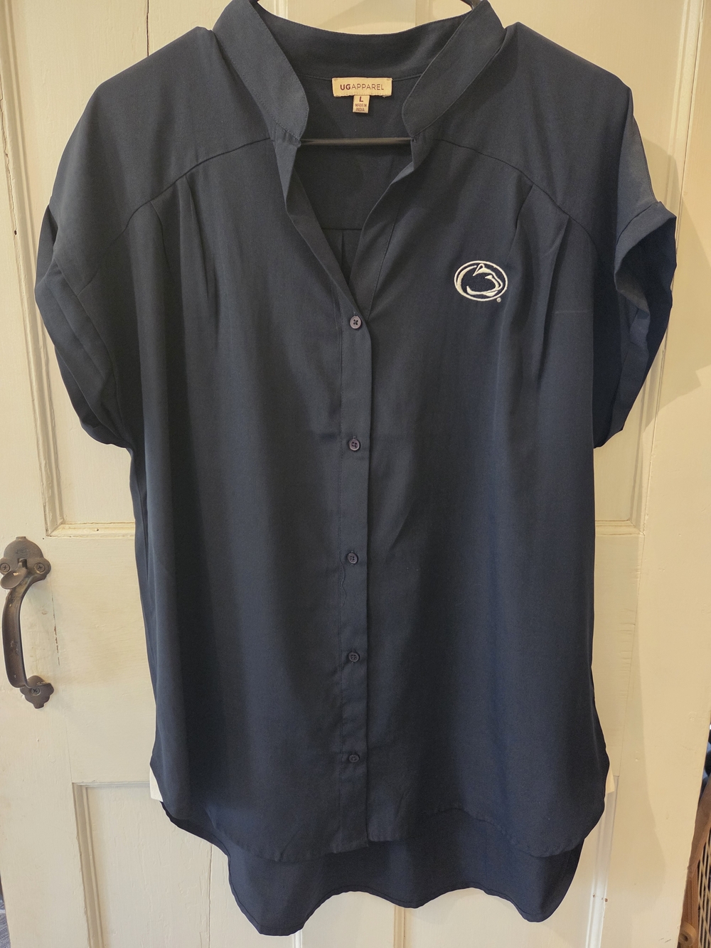 UG Apparel Navy Button Front Short Sleeve Top with Penn State Logo